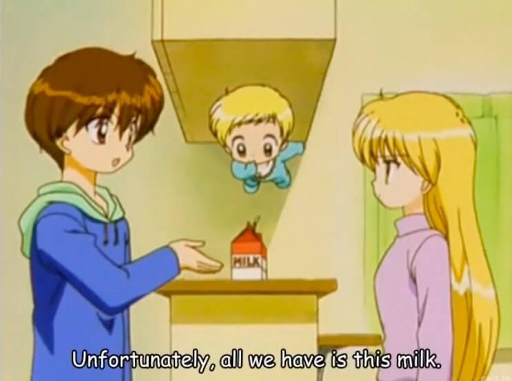 Kanata pointing at a single carton of milk while Ruu-Chama floats above it, and Miyu looks very unimpressed. Subtitles read, Unfortunately, all we have is this milk. End subtitle.