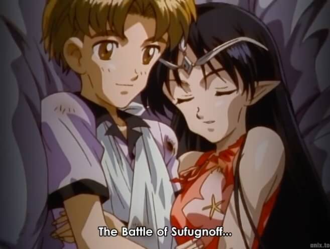 Two bizarrely withered anime people holding onto each other in a weird cloth background that I can't even tell what it's meant to be. Subtitle text: The Battle of Sufugnoff...