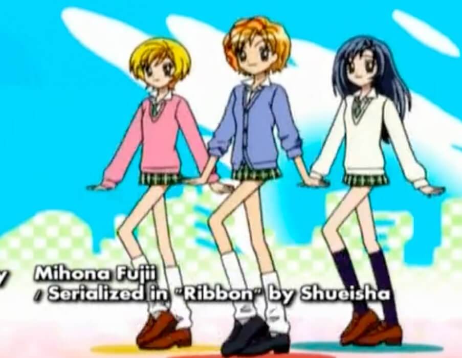 A fullbody shot of the same 3 girls. They have long, stylized bodies with big shoes.