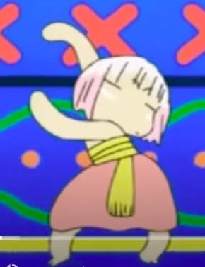 Guu from the opening theme song in the middle of doing a wiggly little dance. Her eyes are closed.