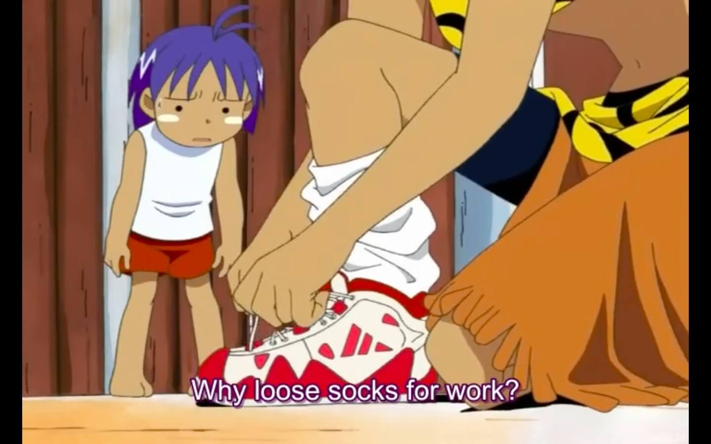 Haré watching his mother tie her shoes, confused. Subtitles read, Why loose socks for work? End subtitle