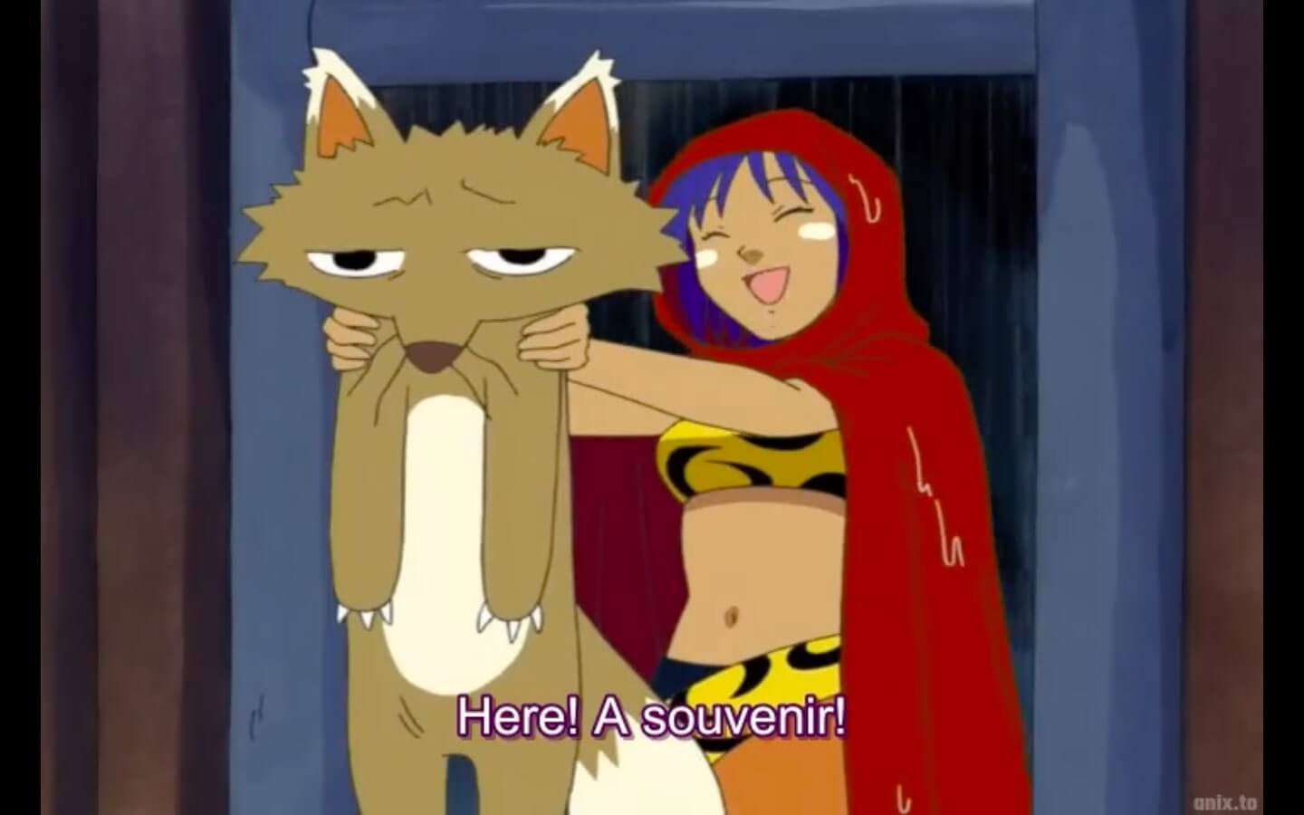 Haré's mother wearing a red raincoat and proudly holding up a fox-like animal. The animal looks unimpressed with the situation.