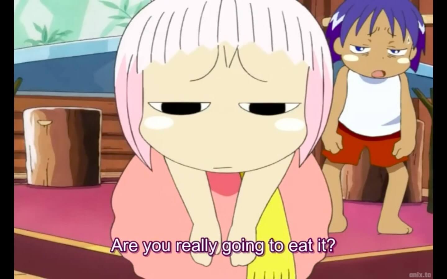 Haré and Guu looking at the camera. Haré says to Guu, Are you really going to eat it?