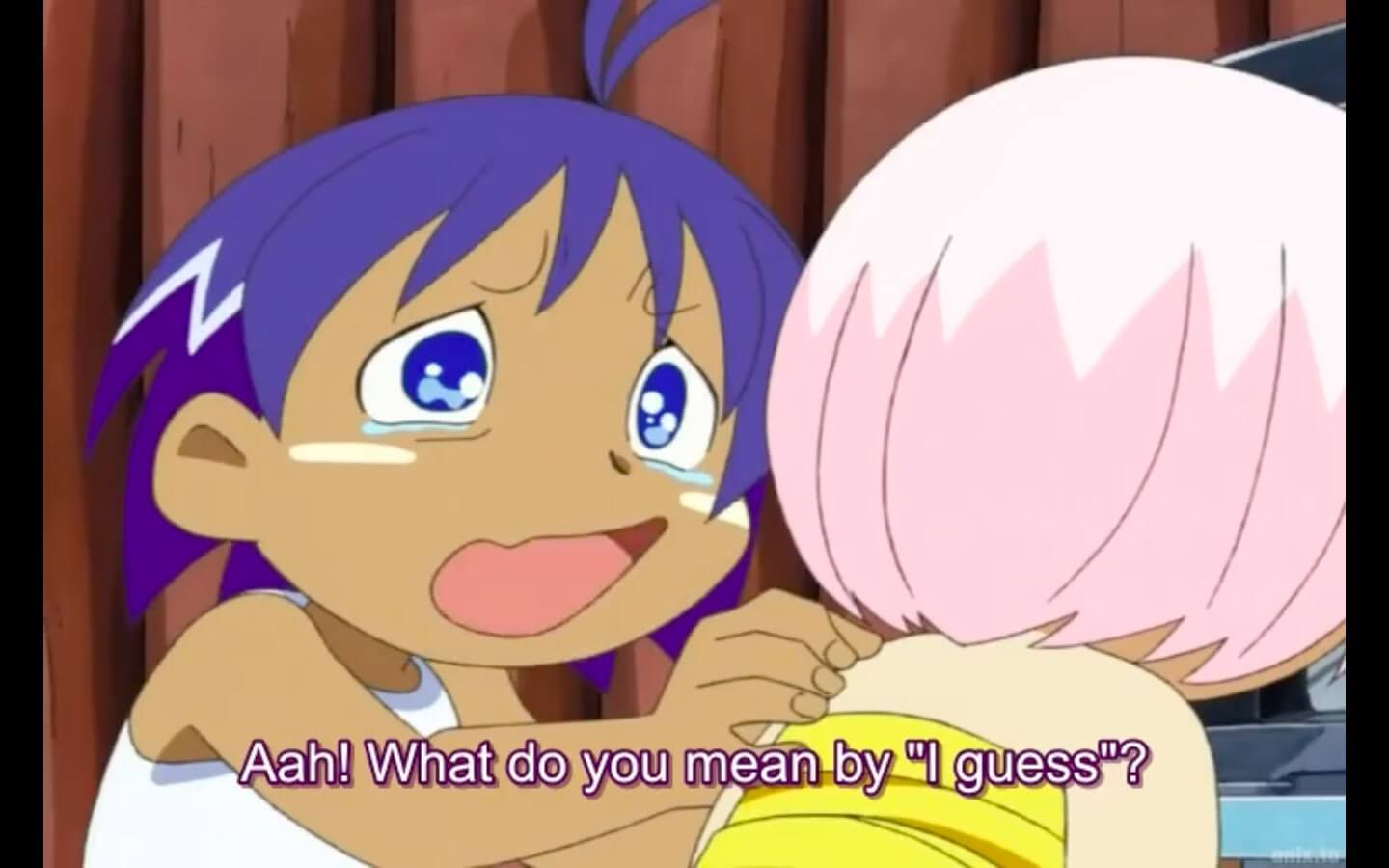 Haré grabs Guu by her shoulders with tears in his eyes. Haré cries, Aah! What do you mean by 'I guess'?!