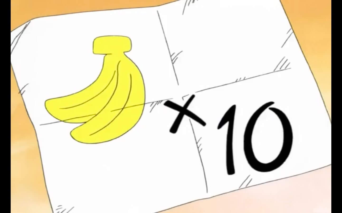 A piece of paper that says Bananas Times 10. Bananas is written as a picture of bananas.