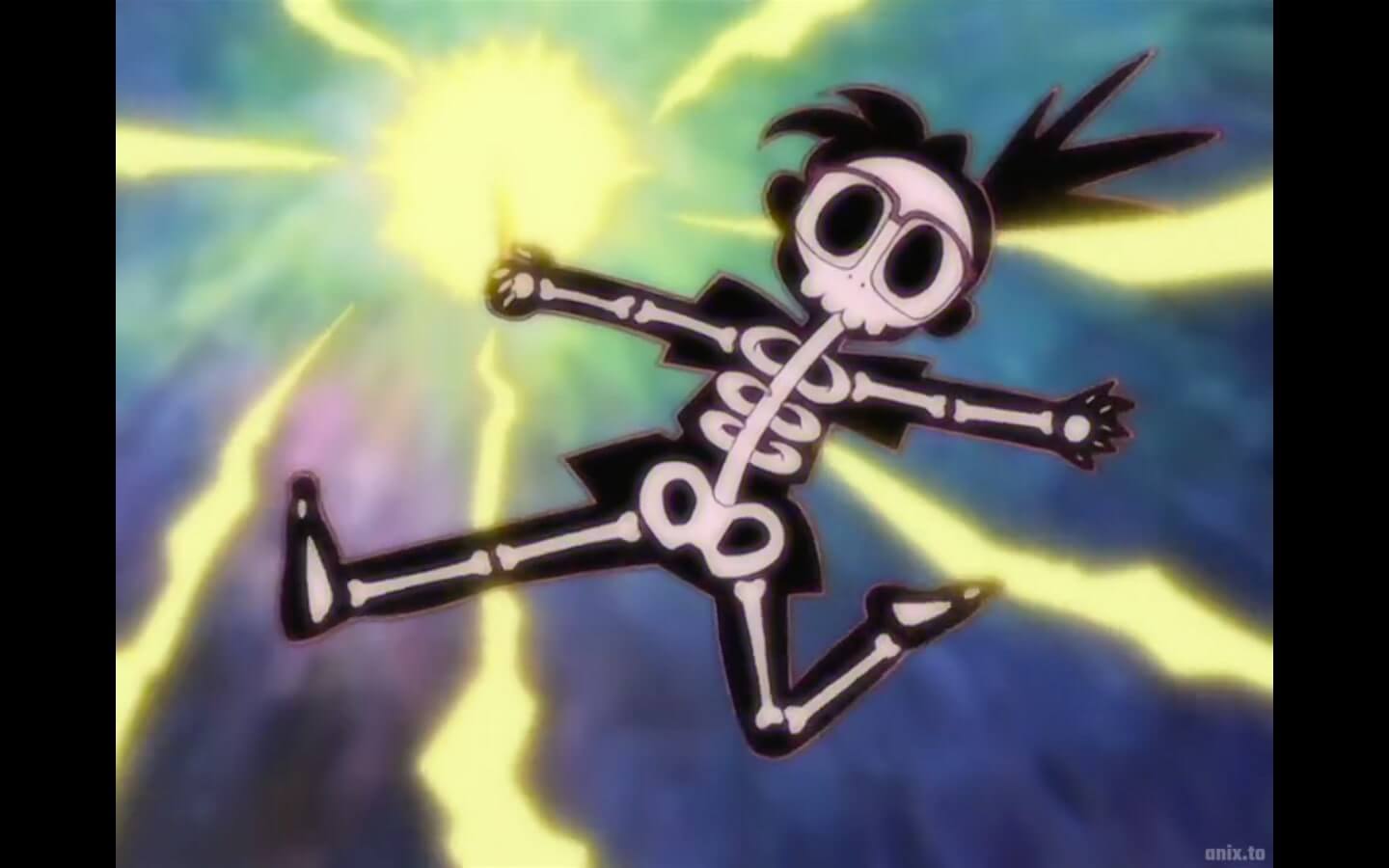 Marin being shocked by lightning and revealing a cartoonish skeleton.