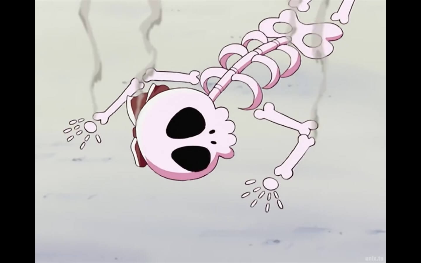 A cartoonish skeleton laying on the ground, with smoke rising from it. The skeleton is wearing a little red bow.