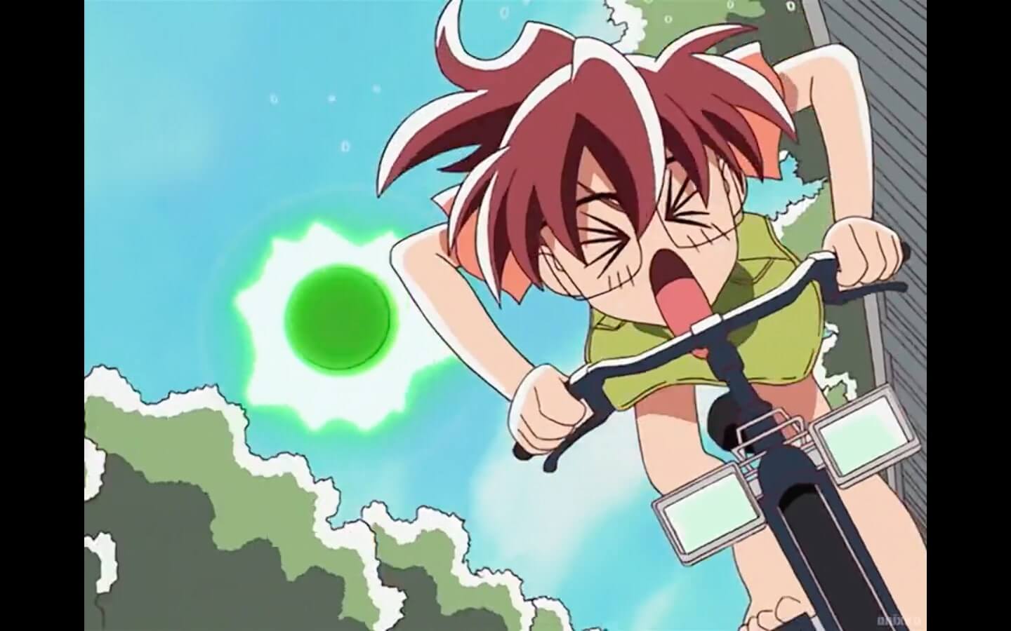 Marin quickly cycling away from a glowing green object, looking very hurried.