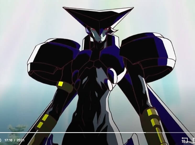 Melan Blue, a large almost robotic looking figure, with a V shaped head. He's blue.