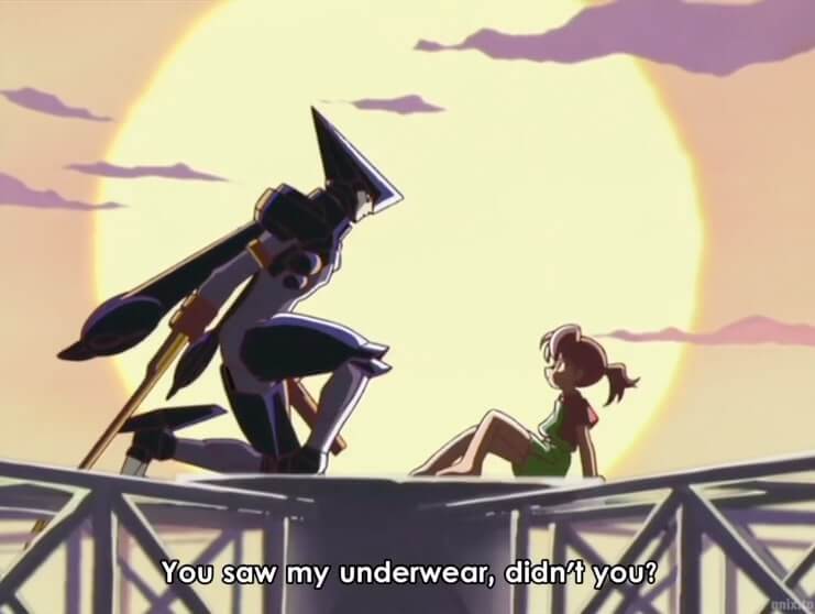 A rooftop shot of Melan Blue kneeling in front of Marin. Subtitles read, You saw my underwear, didn't you? End subtitle.