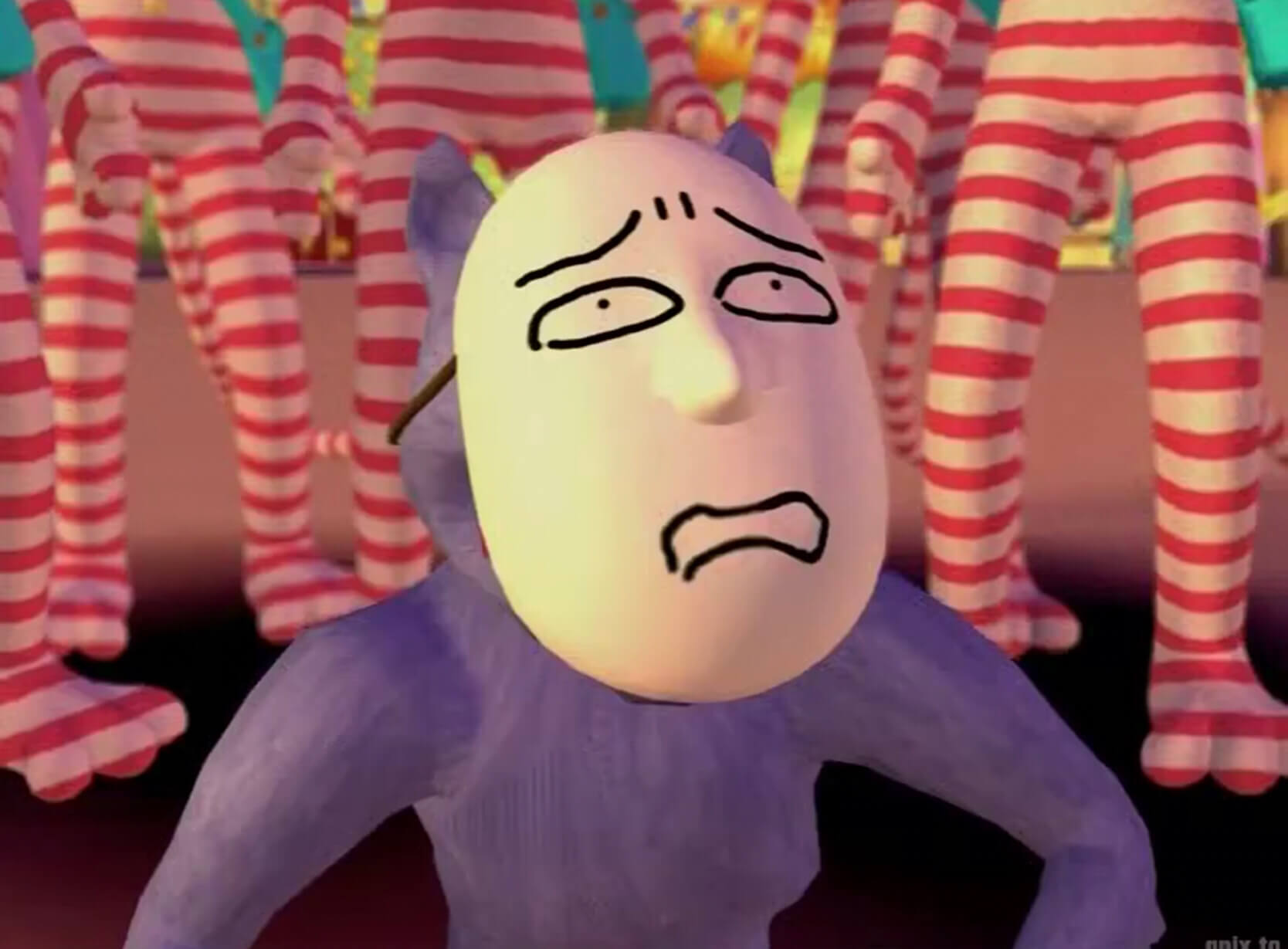 Mask Wolf's top half surrounded by clones of Poppee the Performer. Mask Wolf has a horrified expression on their face.