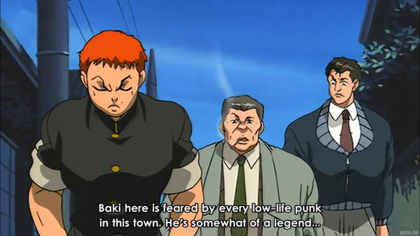 Baki walking towards the camera, facing away from two policemen escorting him home. All three of them are unusually buff. Subtitles read, Baki here is feared by every low-life punk in this town. He's somewhat of a legend... End subtitle