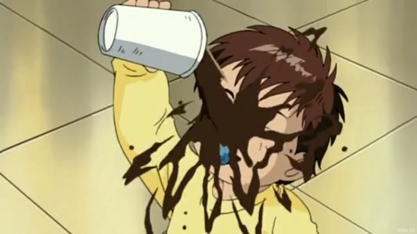 Baby Ryuta pouring coffee on himself.