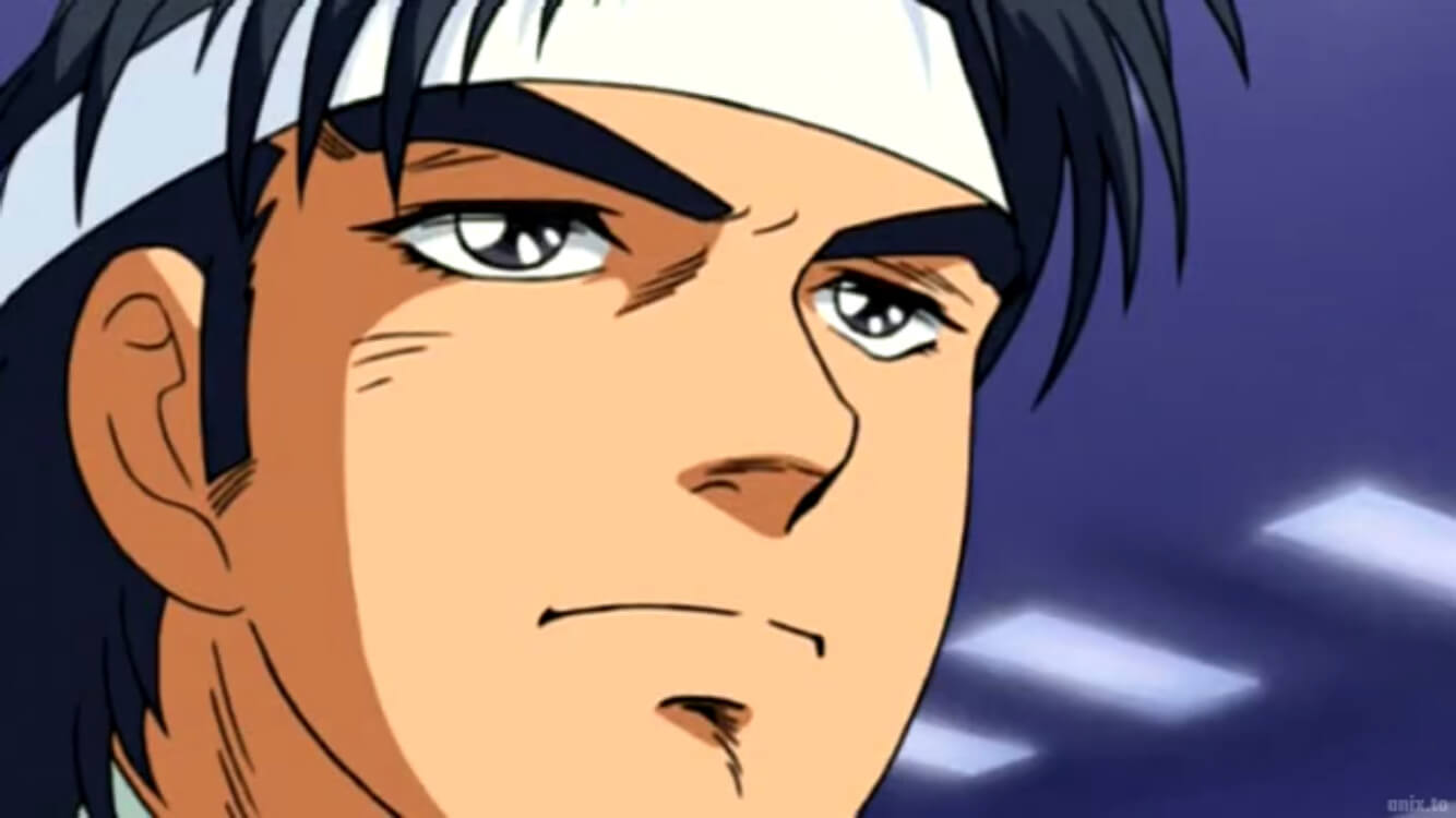 A close-up of Kintaro's somber face. His eyes are very sparkly.