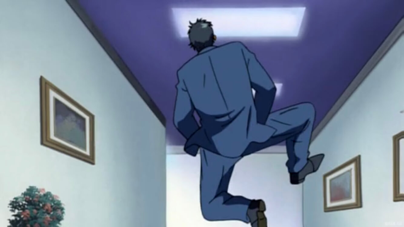 A freeze frame of Kintaro mid-jump, about to click his heels.